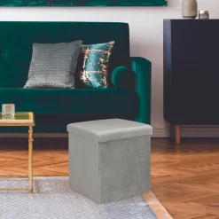 Pouf coffre pliable en velours côtelé gris - Julia