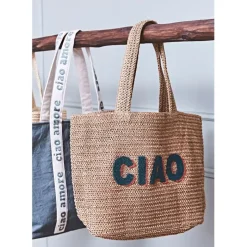 Sac brodé "ciao" en corde de papier naturel et émeraude - Lumi