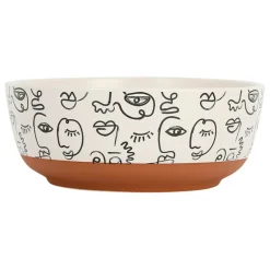 Saladier visage beige et brun en grès - terre brulée