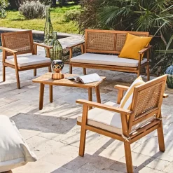 Salon de jardin 4 pièces en acacia naturel et beige - Condao