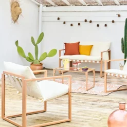 Salon de jardin 4 places en fer avec coussins blanc - Cagliari