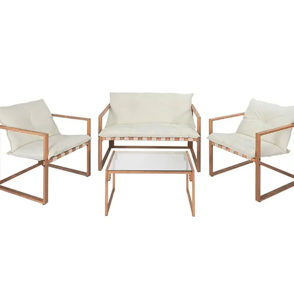 Salon de jardin 4 places en fer avec coussins blanc - Cagliari