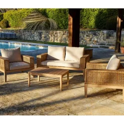 Salon de jardin 4 places en cannage et acacia brossé et coussins beige - Olinda