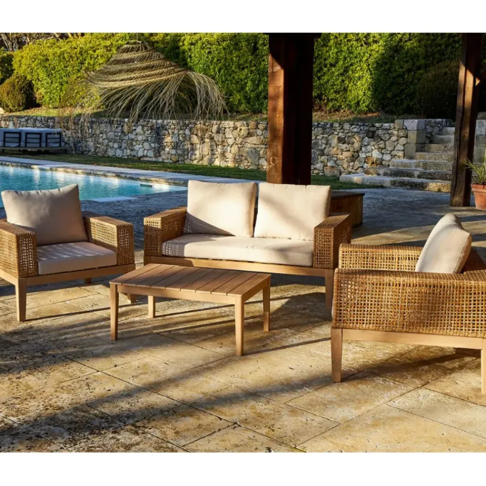Salon de jardin 4 places en cannage et acacia brossé et coussins beige - Olinda
