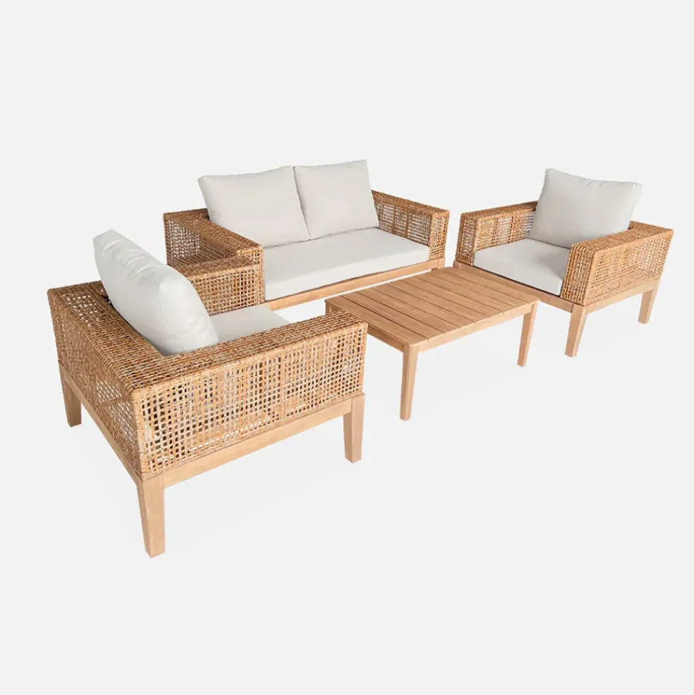 Salon de jardin 4 places en cannage et acacia brossé et coussins beige - Olinda