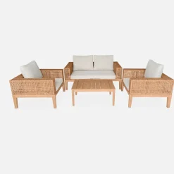 Salon de jardin 4 places en cannage et acacia brossé et coussins beige - Olinda