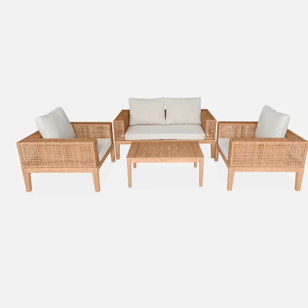 Salon de jardin 4 places en cannage et acacia brossé et coussins beige - Olinda