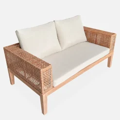 Salon de jardin 4 places en cannage et acacia brossé et coussins beige - Olinda