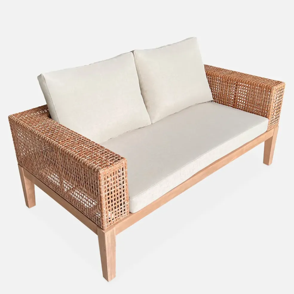 Salon de jardin 4 places en cannage et acacia brossé et coussins beige - Olinda