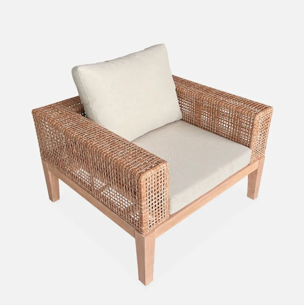 Salon de jardin 4 places en cannage et acacia brossé et coussins beige - Olinda