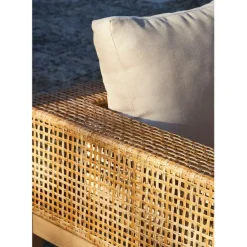 Salon de jardin 4 places en cannage et acacia brossé et coussins beige - Olinda