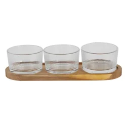 Set apéritif acacia avec 3 coupelles verre 28x10cm