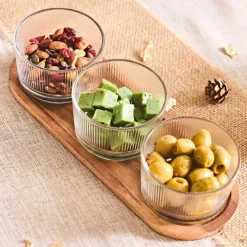 Set apéritif acacia avec 3 coupelles verre 28x10cm