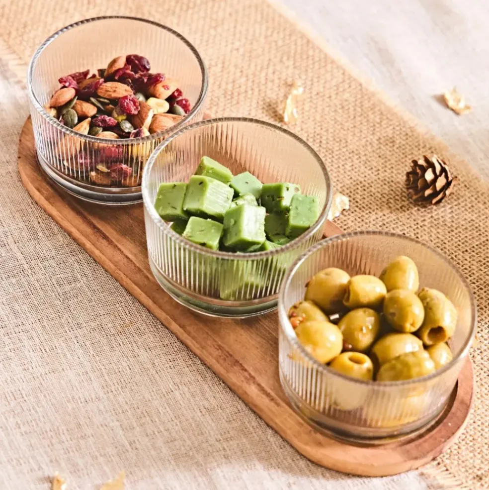 Set apéritif acacia avec 3 coupelles verre 28x10cm