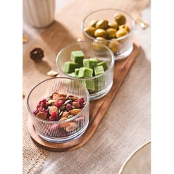 Set apéritif acacia avec 3 coupelles verre 28x10cm