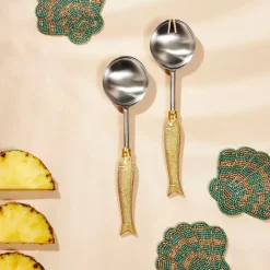 Set de 2 couverts de salade en inox et laiton doré - Poisson