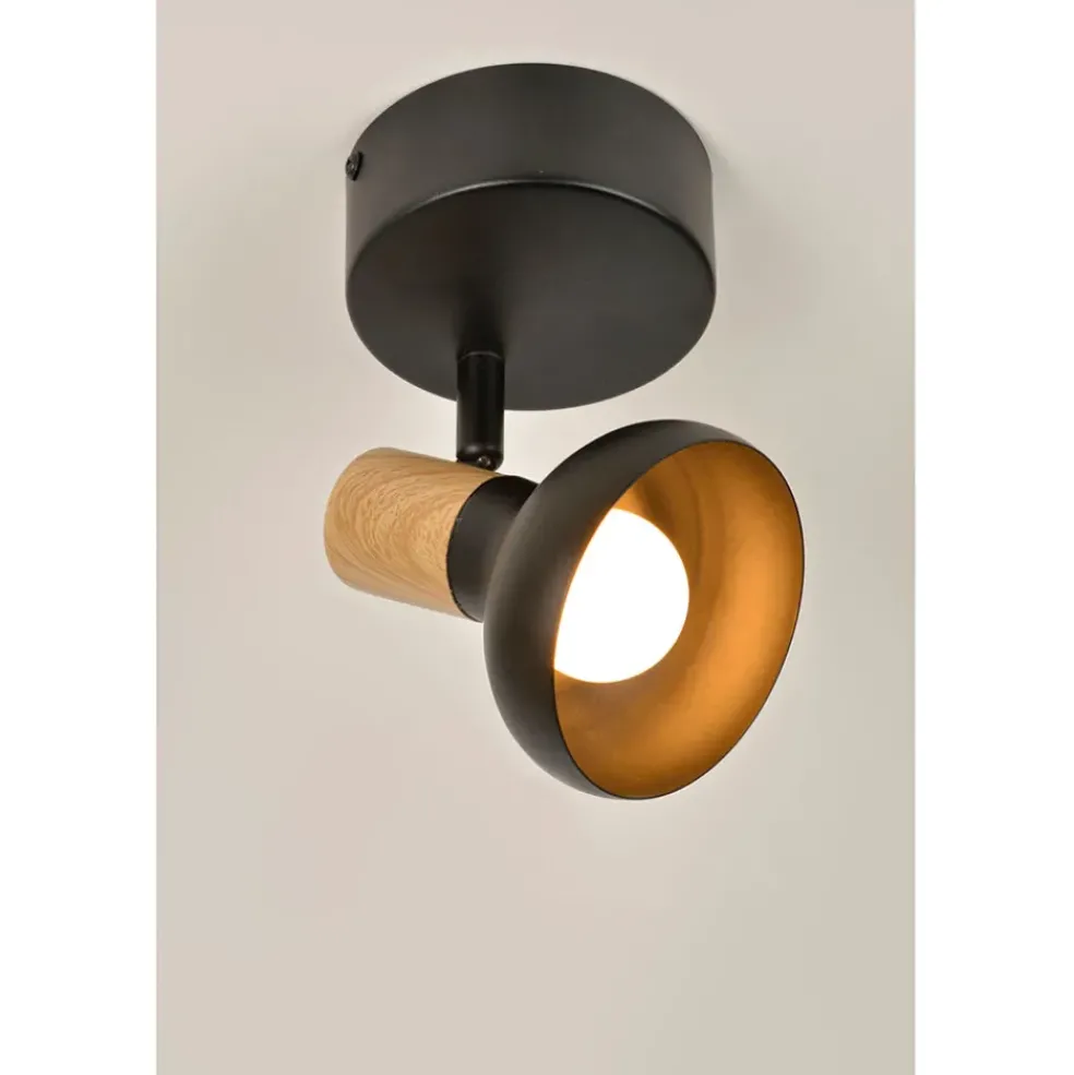 Spot 1 lumière en métal noir et effet bois - Alvar