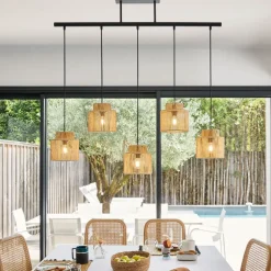 Suspension 5 lumières en métal et cordelette tressé naturel L98cm naturel - Cancun