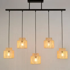 Suspension 5 lumières en métal et cordelette tressé naturel L98cm naturel - Cancun