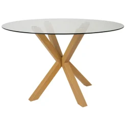 Table à manger ronde en verre trempé et métal naturel d119cm - Adela
