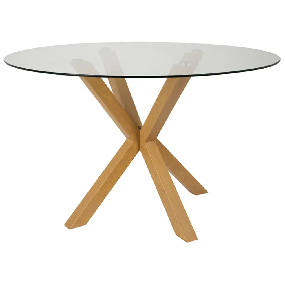 Table à manger ronde en verre trempé et métal naturel d119cm - Adela