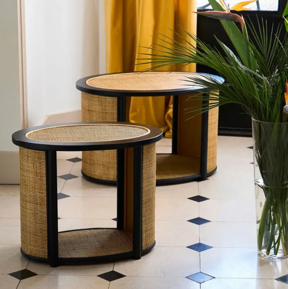 Table basse en rotin et sapin naturel et noir - Balamea