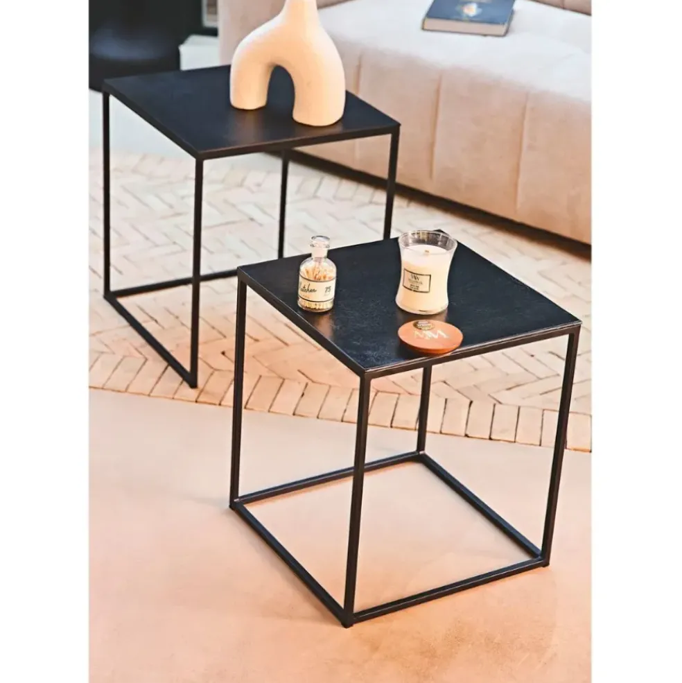 Table basse gigogne carrée (lot de 2) en aluminium et fer noir - Felia