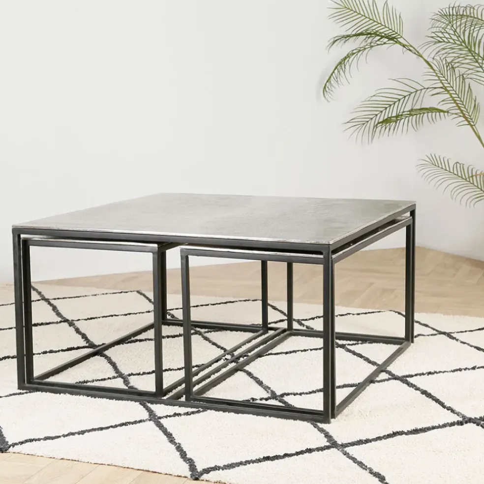 Table basse gigogne (lot de 3) en fer argenté - Félia