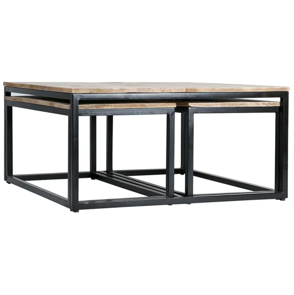 Table basse gigogne (lot de 3) en manguier et fer noir -Noe