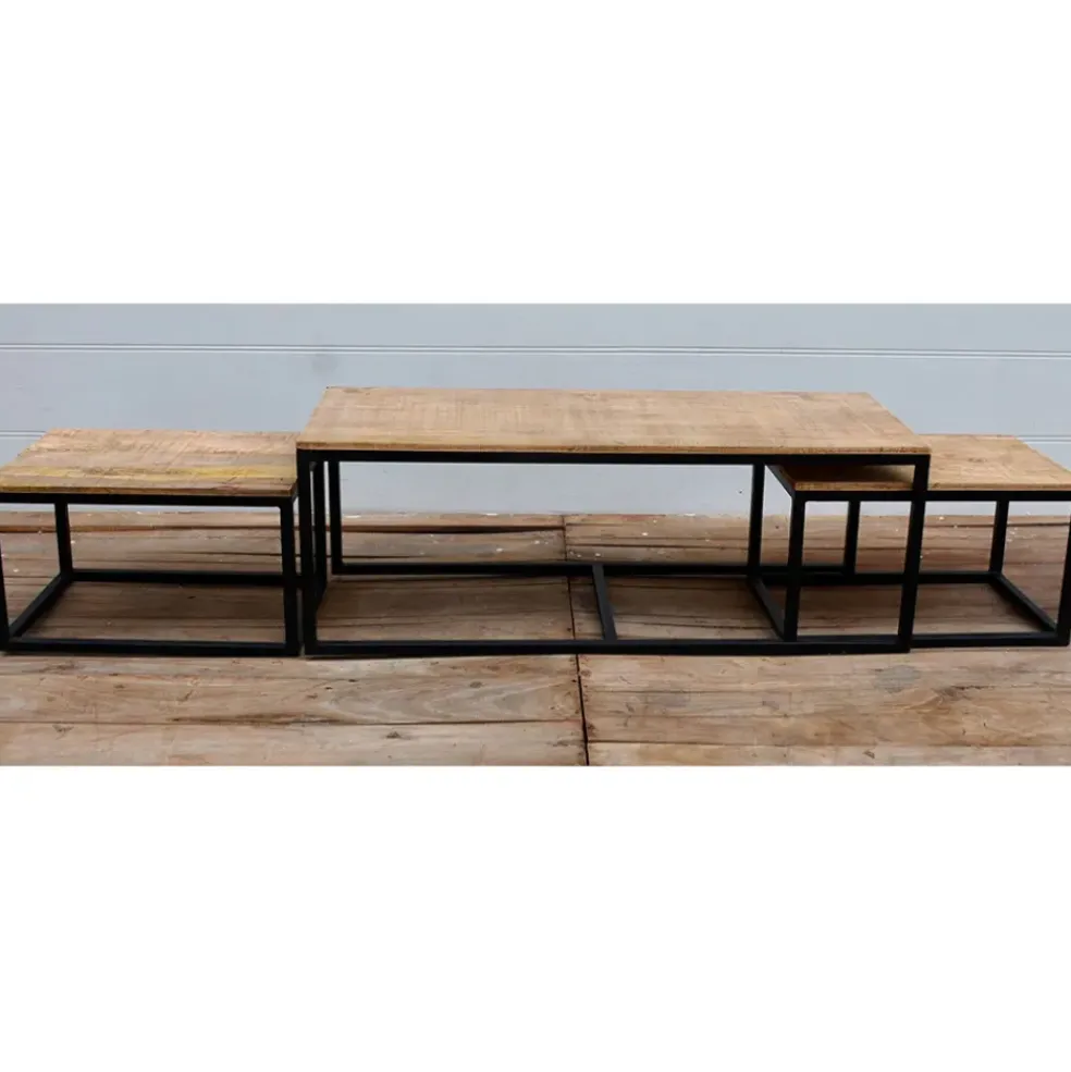 Table basse gigogne (lot de 3) en manguier et fer noir -Noe