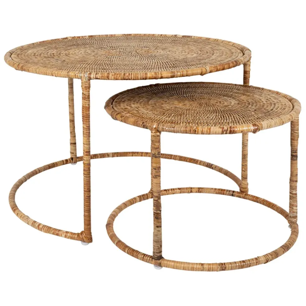 Table basse gigogne ronde (lot de 2) en rotin naturel et fer - Pasil