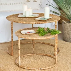 Table basse gigogne ronde (lot de 2) en rotin naturel et fer - Pasil