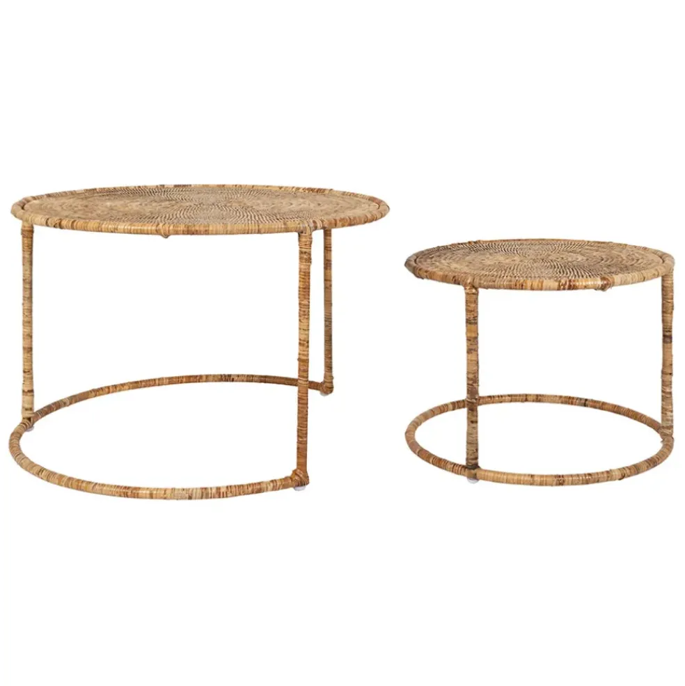 Table basse gigogne ronde (lot de 2) en rotin naturel et fer - Pasil