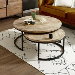 Table basse gigogne ronde (lot de 2) en manguier et fer noir - Noe