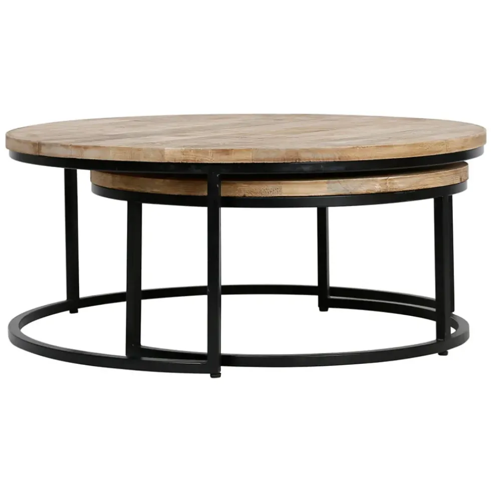 Table basse gigogne ronde (lot de 2) en manguier et fer noir - Noe