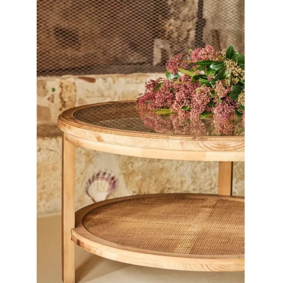 Table basse ronde en sapin naturel et verre trempé d75cm - Firmin