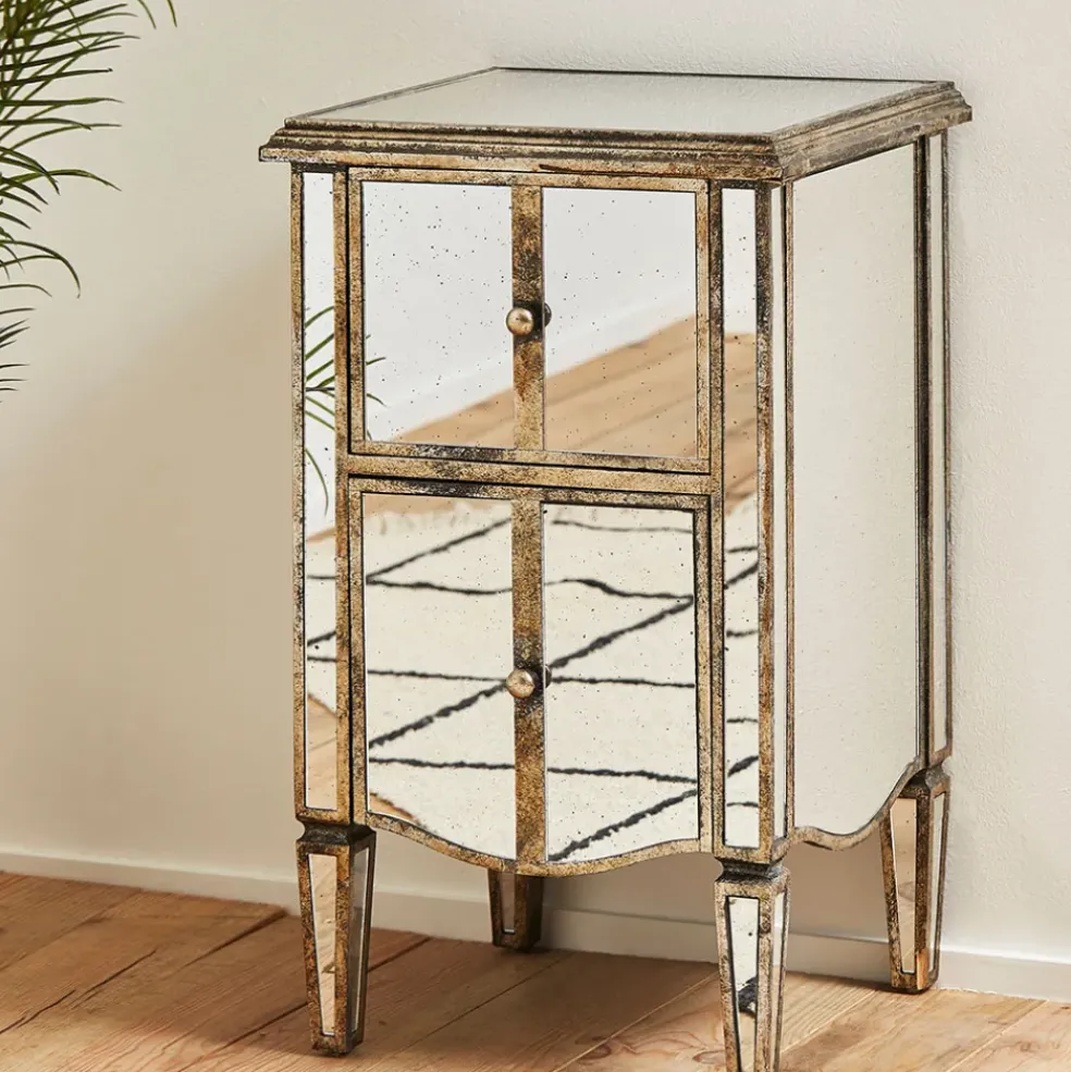 Table de chevet baroque en bois et miroir 2 tiroirs - Bois miroir