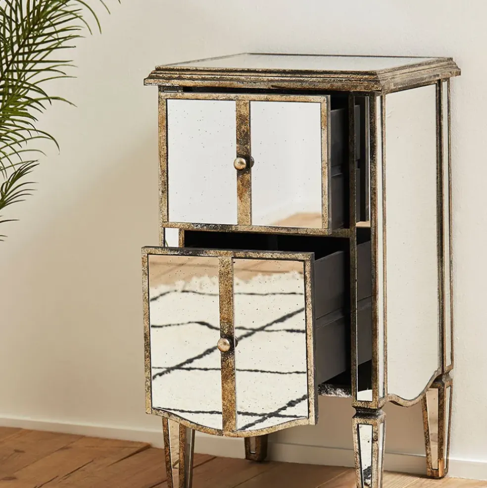 Table de chevet baroque en bois et miroir 2 tiroirs - Bois miroir