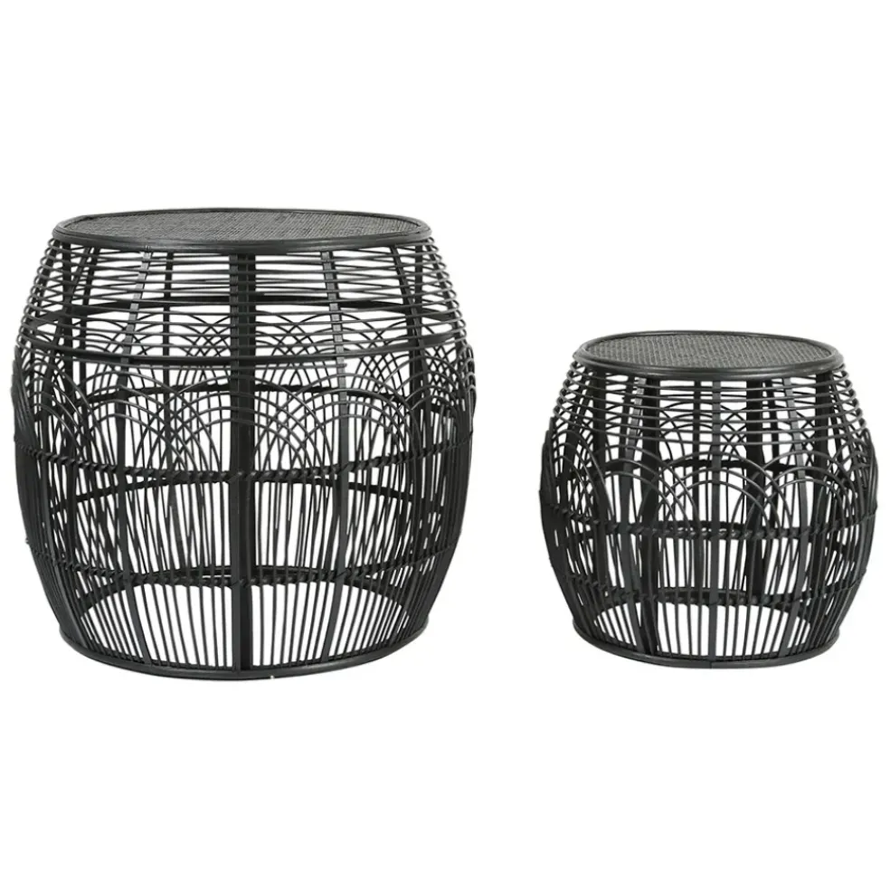 Table d'appoint ronde (x2) en rotin et bois noir - Element