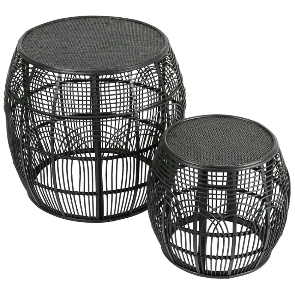 Table d'appoint ronde (x2) en rotin et bois noir - Element