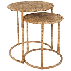 Table gigogne rond par 2 en fer et rotin naturel 50x50cm - Pasil