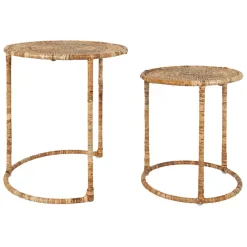 Table gigogne rond par 2 en fer et rotin naturel 50x50cm - Pasil