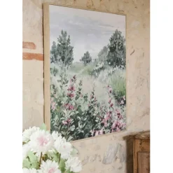 Tableau campagne en toile vert et rose 80x80cm