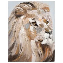 Tableau lion en toile et pin beige 90x120cm - Animal