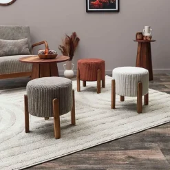 Tabouret en tissu côtelé beige et bois d'acacia - Scarlett