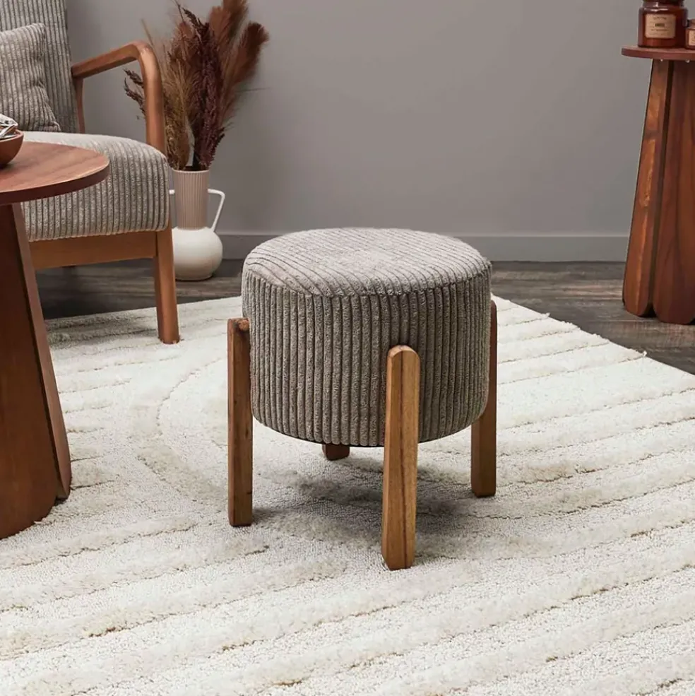 Tabouret en tissu côtelé taupe et bois d'acacia - Scarlett