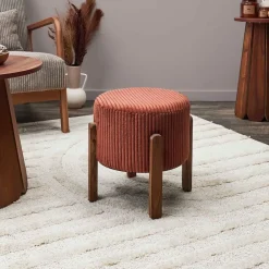 Tabouret en tissu côtelé terracotta et bois d'acacia - Scarlett