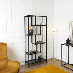 Étagère en métal noir verre fumé h180cm - Edgard