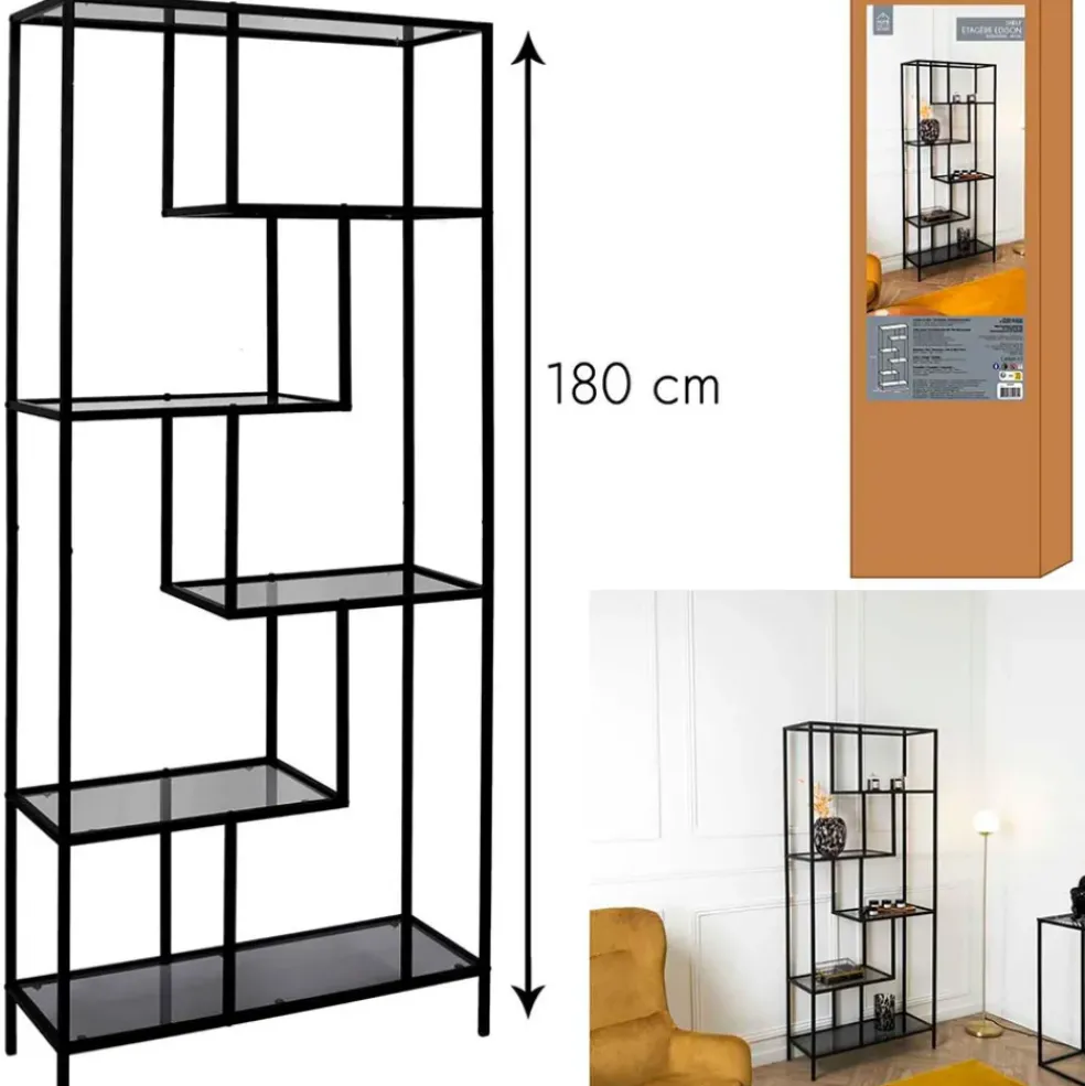 Étagère en métal noir verre fumé h180cm - Edgard