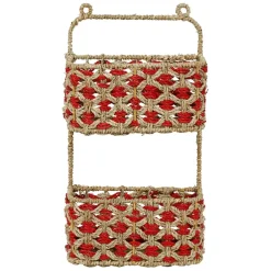 Étagère murale 2 paniers en jonc de mer naturel et rouge